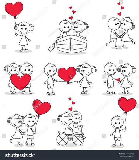 Collection Set Cute Couple Doodle Hearts Stock Vector