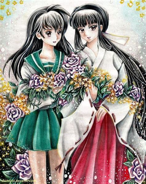 kagome the reincarnation and kikyo with beautiful flowers and roses