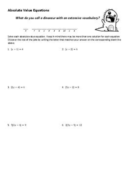 solving absolute  equations joke worksheet  answer key tpt