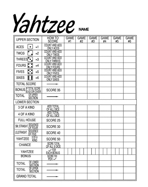 yahtzee score card printable