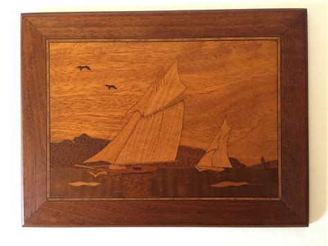 vintage wood inlay marquetry handcrafted picture   cabin