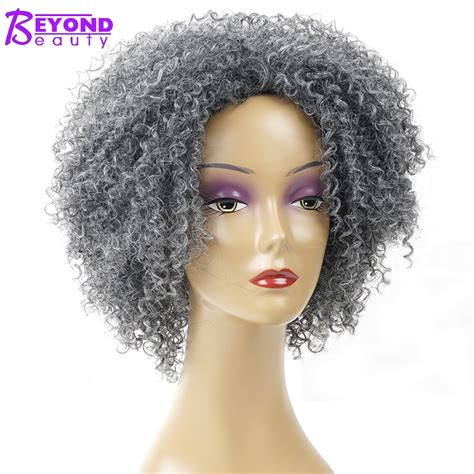 Synthetic Short Grey Afro Kinky Curly Wigs For Women Black Silver