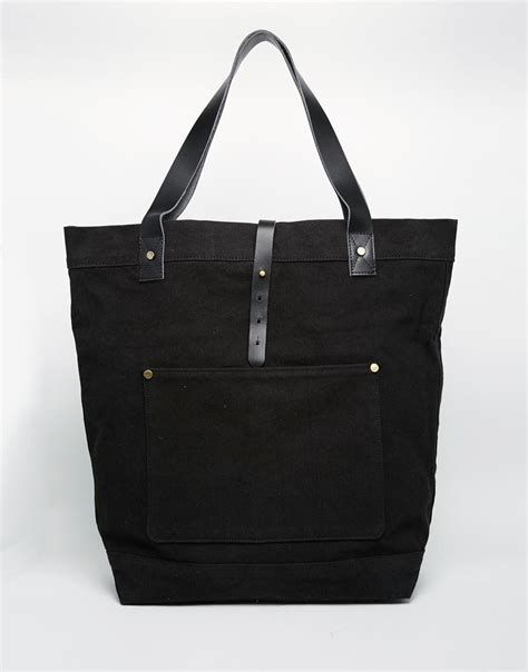 asos oversized tote bag  black canvas  leather  black  men lyst
