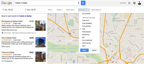 amenities return  googles hotel search results
