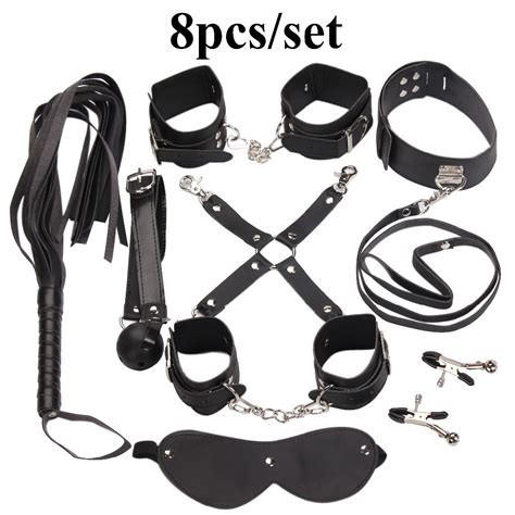 pu leather 8 pcs fetish sex bondage restraints handcuffs collar mask