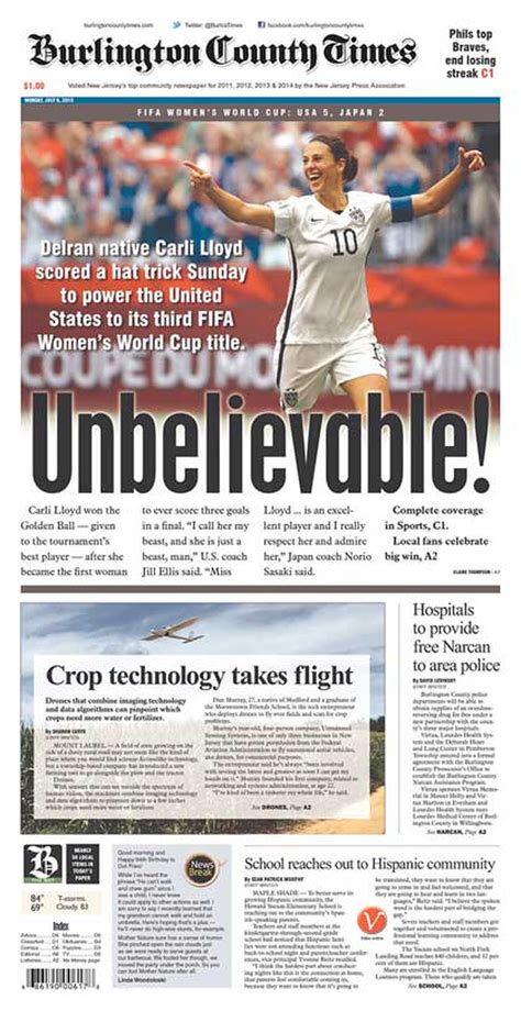 Newspaper Front Pages U S Women S World Cup Win