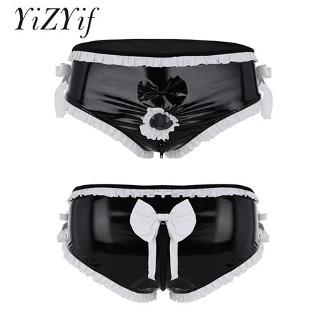Yizyif Gay Men Sissy Panties Shiny Faux Leather Open Crotch Underwear