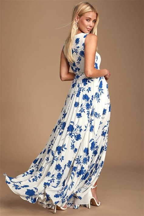 Lindsie Blue And White Floral Print Pleated Wrap Maxi Dress Maxi