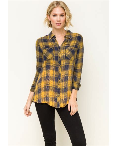 Mystree Women S Mustard Washed Plaid Flannel Shirt Dark Yellow Long