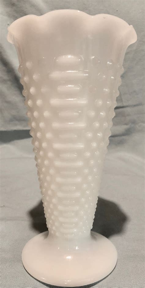 White Milk Glass Hobnail Vase With Ruffled Edge