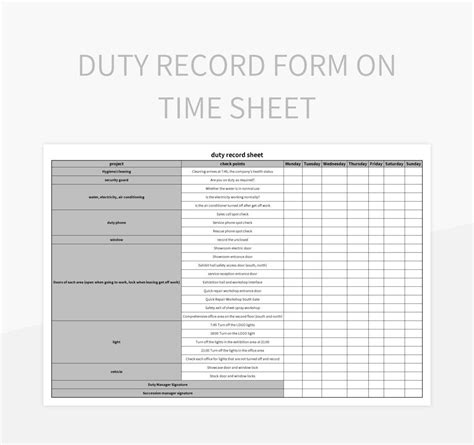 duty record form  time sheet excel template  google sheets file