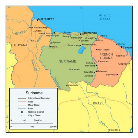 political map  suriname  cities  roads suriname south