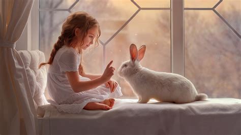 cute  girl  playing  white rabbit wearing white dress hd