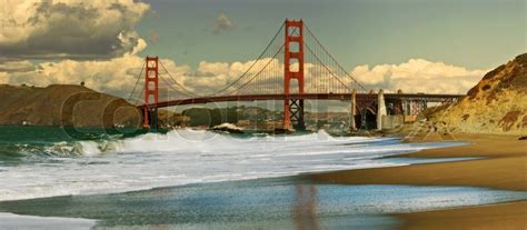 panoramic view on golden gate bridge as seen from baker beach in san francisco california usa