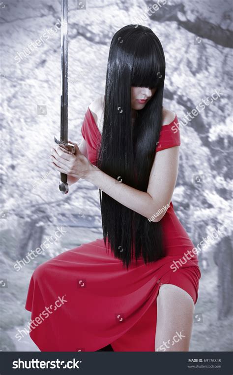 dangerous sexual mystery asian girl anime style woman with long black hair with sword and red