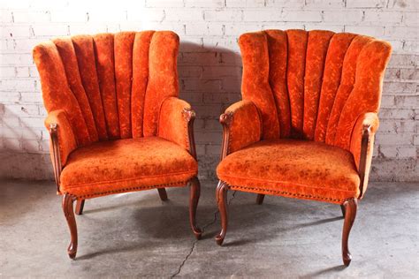 pair vintage antique orange floral accent chair
