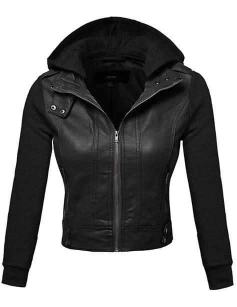 plusu womens faux leather fleece contrast detachable hooded jacket leather jackets women