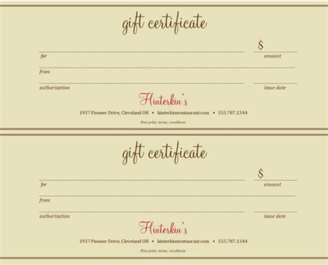 restaurant gift certificate templates  sample