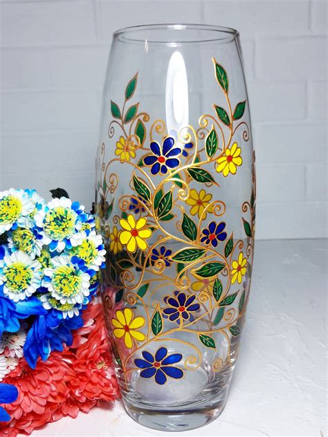 Big Glass Vase Hand Painted Blue And Yellow Flowers Personalized