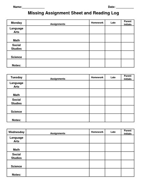 assignment log template  homework assignment sheet template