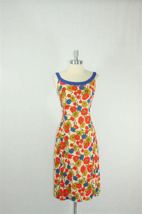 1960 s linen dress vibrant royal blue mustard and orange poppies