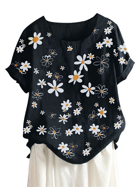 Plus Size Women Summer Daisy Flower Print Top Short Sleeve O Neck