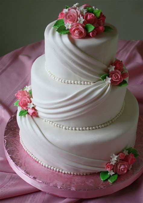 fondant wedding cake  pink roses cakecentralcom