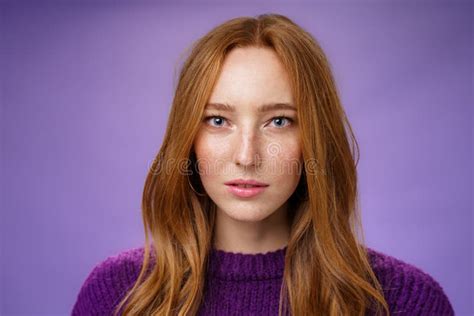 Headshot Of Sensual And Attractive Tender Redhead Female With Freckles