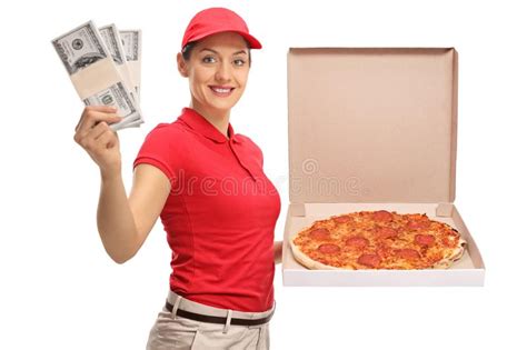 Pizza Delivery Girl With Bundles Of Money And A Pizza Box Stock Image