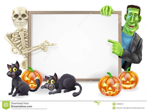 halloween sign with skeleton and frankenstein stock