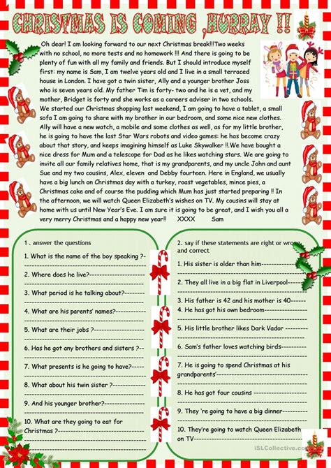 christmas reading comprehension worksheets