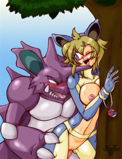 rule 34 against tree blush breasts cosplay duo fangs female feral from behind human human on