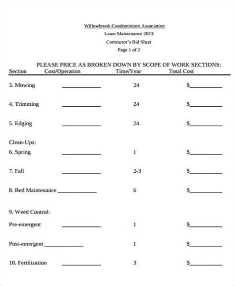 bid sheet templates