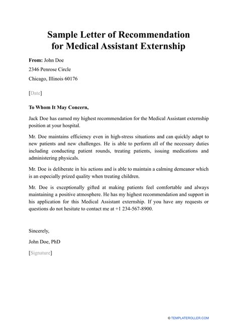 recommendation letter  medical assistant   template
