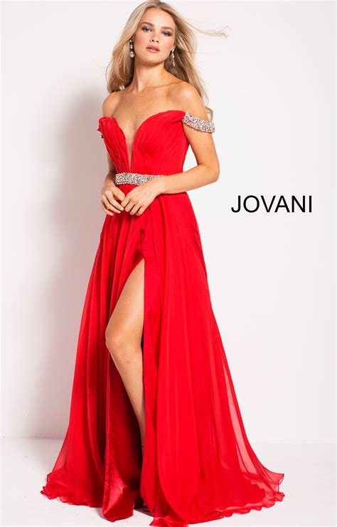 jovani 54935 off the shoulder high slit prom dress