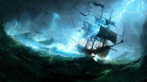 ship  sea  thunderstorm animated wallpaper fantasy art sea