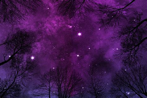 Purple Starry Night Sky Background With Nebula Low Angle View Stock