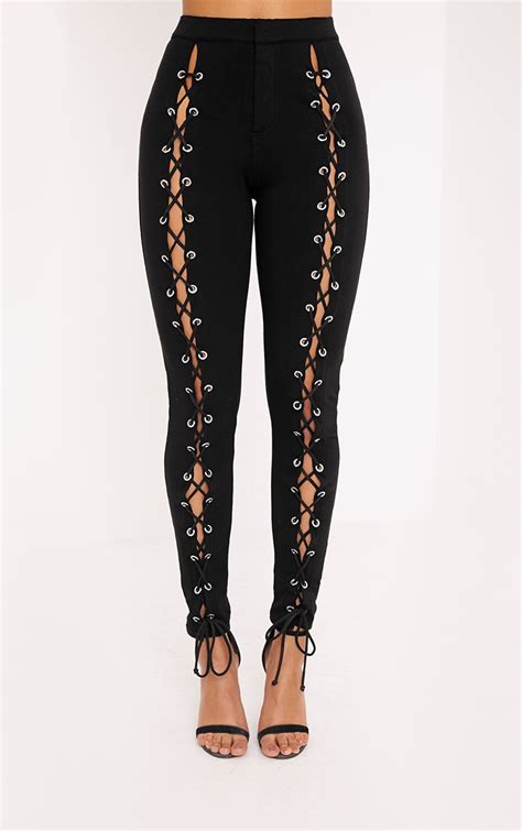 lynda black front lace up skinny trousers prettylittlething