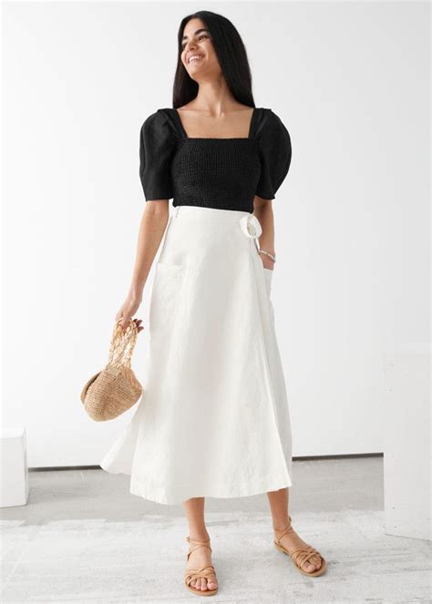 stories belted linen blend midi skirt midi skirt white