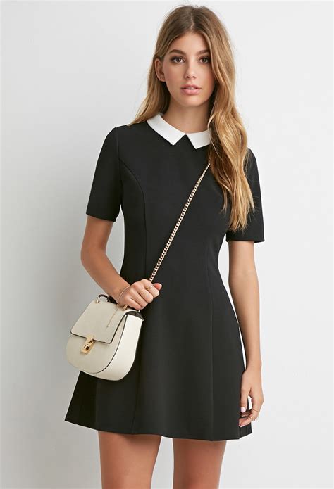 Lyst Forever 21 Contrast Collar Textured Dress In Black