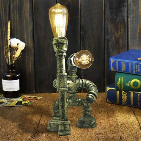 Industrial Retro Water Pipe Robot Wrought Iron Table Lamp Steampunk