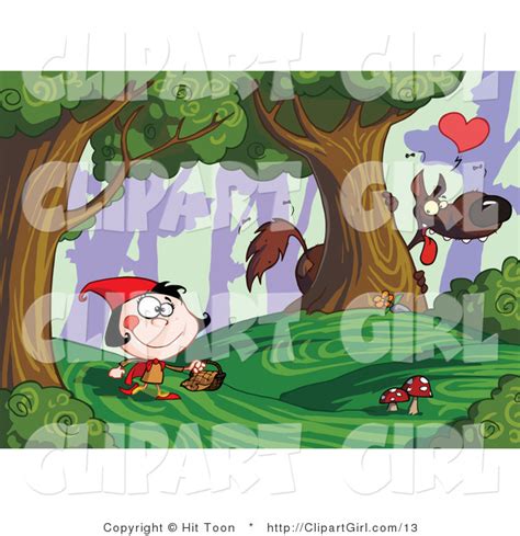 Clip Art Of A Big Bad Wolf Watching Little Red Riding Hood Walking