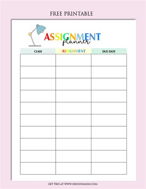 printable assignment planner  kids  teens homework planner
