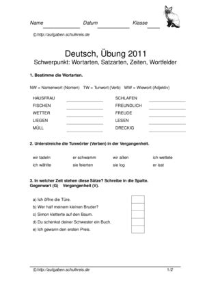 wortarten zeiten wortfelder satzarten uebungsblatt