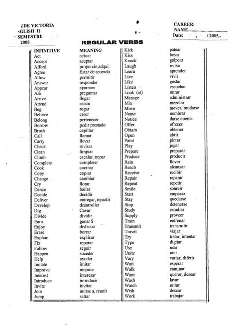 lista de verbos regulares
