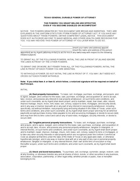 printable texas general power  attorney form printable forms