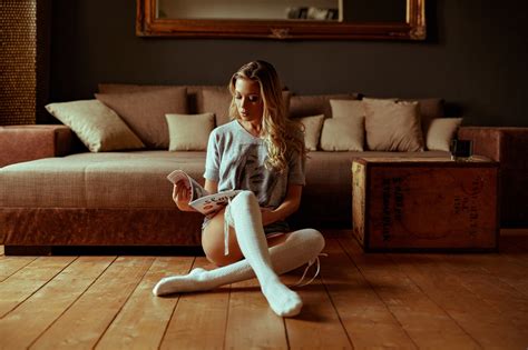 Wallpaper Model Blonde Long Hair Legs Wavy Hair Sitting Socks