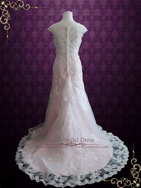 modest vintage lace pink wedding dress with cap sleeves july