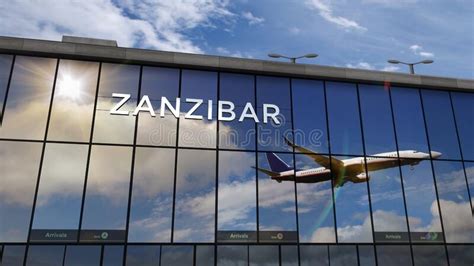 airplane landing  zanzibar tanzania airport mirrored  terminal stock illustration