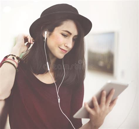 woman listening  media entertainment relaxation concept stock